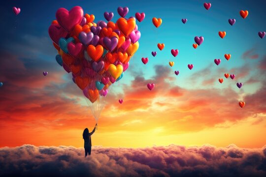 A joyful person holds a bunch of colorful balloons high up in the clear blue sky., People reach their hand to colorful hearts in the sky, AI Generated