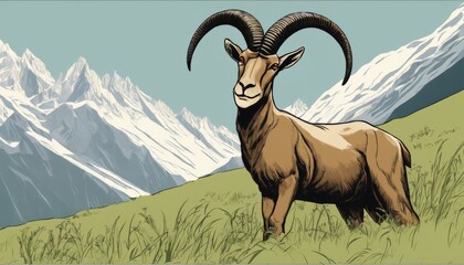 A mountain goat stands in a grassy field