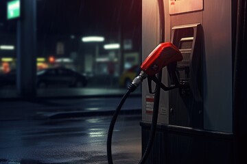 A gas pump at a gas station provides convenient refueling service for vehicles during nighttime., Petrol pump filling fuel nozzle in a gas station, AI Generated - obrazy, fototapety, plakaty