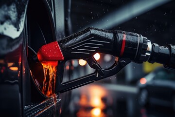 A gas pump in the process of being filled with a liquid fuel., Petrol pump filling fuel nozzle in a gas station, AI Generated