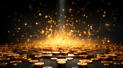 Explosion of Prosperity: Coin Rain created with Generative AI technology - obrazy, fototapety, plakaty
