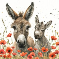 Whimsical Watercolor Baby Donkey Learning to Bray from Mother in Poppy Field Generative AI