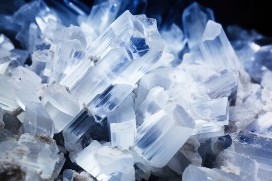 Close Up of Crystals on Table, A Detailed Look at Natures Geological Wonders, Petalite is a crucial mineral for lithium extraction and the battery industry, AI Generated