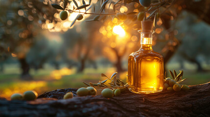 A bottle of olive oil and a bowl of mixed olives on a rustic wood surface with an olive grove and...