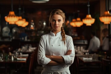 Obraz premium A woman standing in a restaurant, with her arms crossed, observing her surroundings., Photo of female chef in the restaurant, AI Generated
