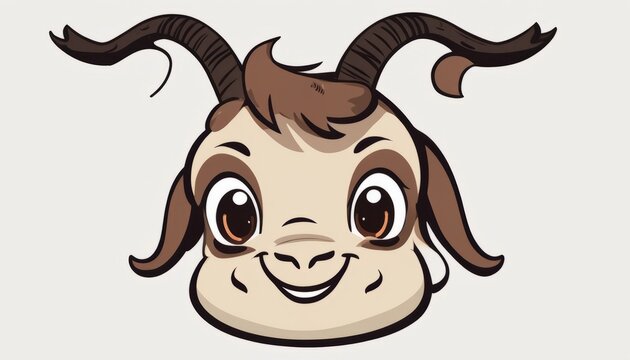 A cartoon goat with curly horns and a smile