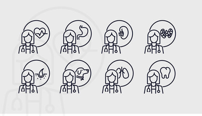 Doctor icons in a line style with an editable stroke. 
Cardiologist, veterinarian, dentist, dermatologist and gastroenterologist icons. - obrazy, fototapety, plakaty