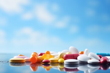 A row of pills sitting neatly on top of a table, ready for daily doses or prescription medication., Pile of different pills on light blue background, selective focus, AI Generated
