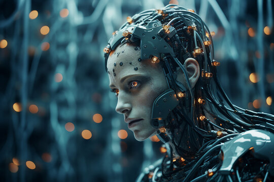 Girl character cyborg face woman future smart technology made with generative AI