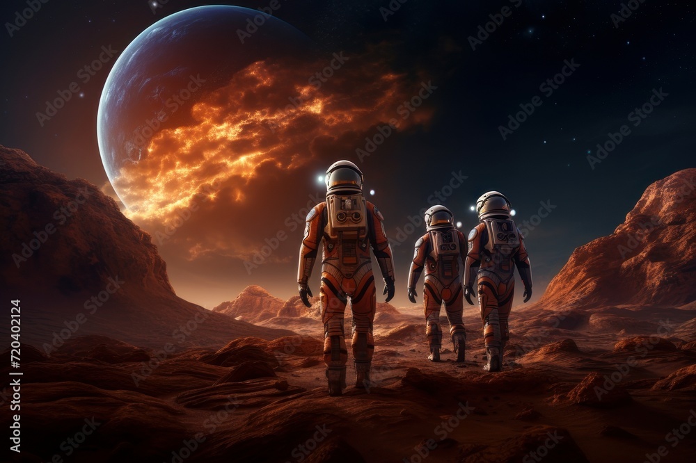Canvas Prints a group of astronauts in spacesuits walk on the surface of the red planet. space explorers, galaxies