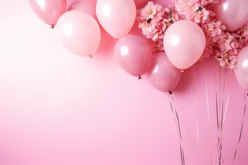 A vibrant cluster of pink balloons floating gracefully in the sky, pink flowers and balloons on a pink background for a gender reveal celebration, AI Generated