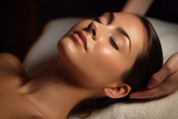 Obraz na płótnie Canvas Lovely calm relaxed woman enjoying spa meditation massage generative AI