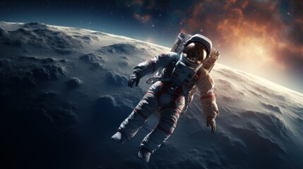 An astronaut in a spacesuit in outer space. Billions of galaxies in the universe.