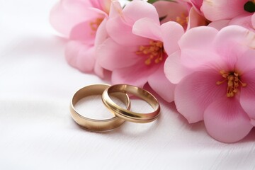 A beautiful image of two gold wedding rings placed next to a vibrant bouquet of pink flowers, Pink flowers and two golden wedding rings on white background, AI Generated