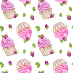 Seamless pattern cupcake pink sweet cream. Muffin, raspberry, mint. Food clipart. Valentine's Day. Hand drawn watercolor illustration on white background. Backdrop wallpaper for textiles, packaging