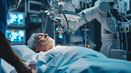 Doctor is observing robotic arm performing surgery at high-tech hospital, generative ai - 720402514