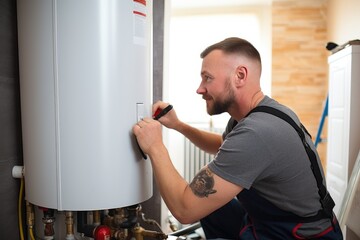 A man diligently works on a water heater, performing essential maintenance and repair tasks, Plumber installing water heater at new home, AI Generated