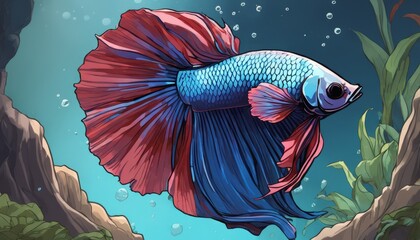 A blue and red fish with a long tail