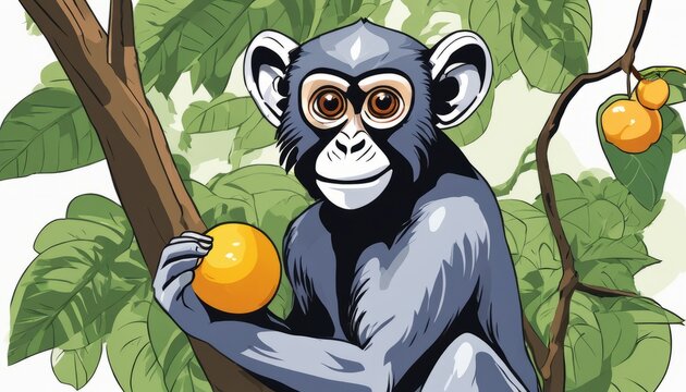 A monkey holding an orange in a tree