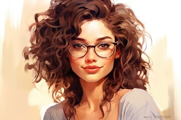 Fototapeta premium Painting of Woman Wearing Glasses - Portrait of a Thoughtful Lady With Eyewear, Portrait of a beautiful smiling young woman with curly hair and glasses\, AI Generated