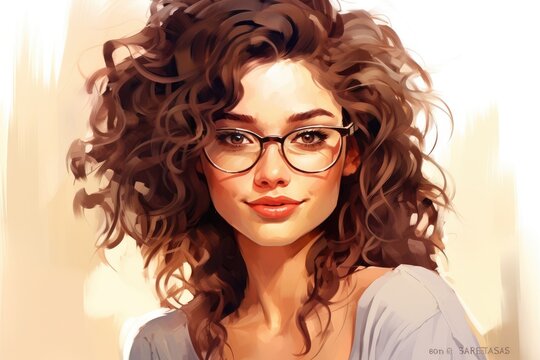 Painting of Woman Wearing Glasses - Portrait of a Thoughtful Lady With Eyewear, Portrait of a beautiful smiling young woman with curly hair and glasses\, AI Generated