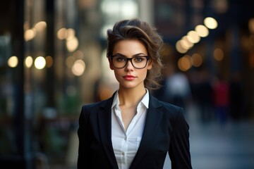 A woman confidently walks down a bustling city street, wearing stylish glasses, Portrait of a businesswoman on the street of a city, AI Generated