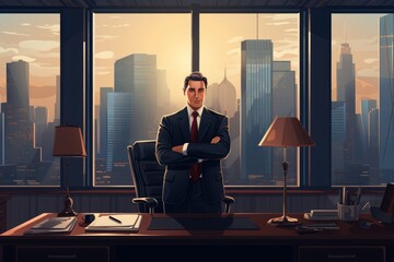 A well-dressed man in a suit stands confidently in a modern office, Portrait of a CEO, office background, AI Generated