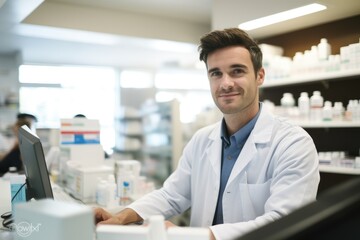 Naklejka na ściany i meble A man wearing a lab coat is seen sitting at a counter, engaging in scientific research and experimentation, Portrait of a male pharmacist working at the counter in pharmacy, AI Generated