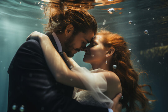 Generative ai collage photo of couple kiss underwater on wedding exotic event