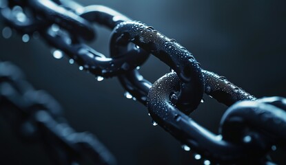 Close-up of weathered chain links covered with rust and dew, illuminated by soft light