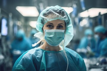 A woman is seen wearing a surgical mask and gown in a medical facility, Portrait of caucasian female surgeon in an operating theatre, AI Generated - obrazy, fototapety, plakaty