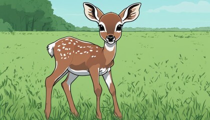 A deer in a field with a blue sky in the background