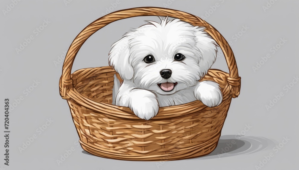 Wall mural A small white puppy sitting in a wicker basket