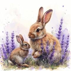 Whimsical Watercolor Bunny Hopping with Mother amidst Lavender Generative AI