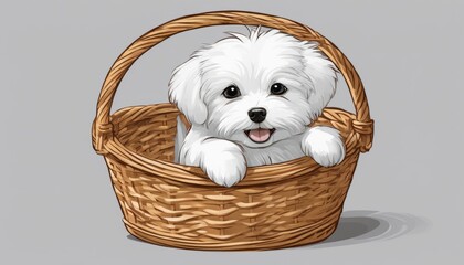 A small white puppy sitting in a wicker basket