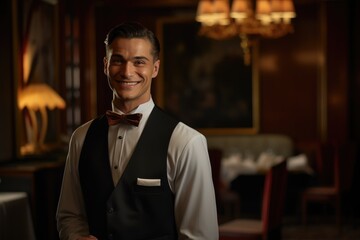 A man dressed in a bow tie stands confidently in a well-lit room, Portrait of smiling waiter welcoming guests in hote, AI Generated