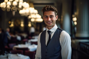 Fototapeta premium A well-dressed man wearing a vest and tie stands confidently in a restaurant, Portrait of smiling waiter welcoming guests in hote, AI Generated