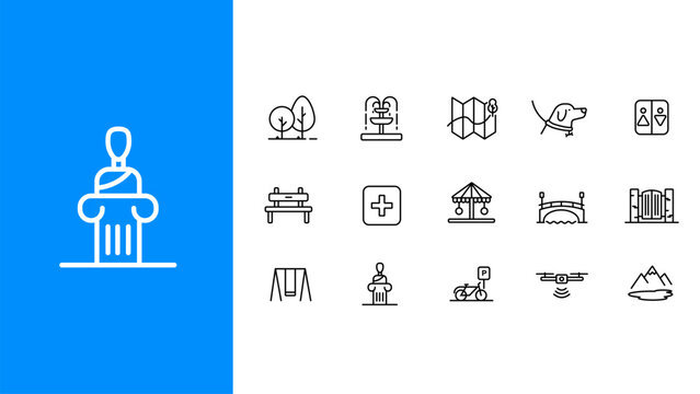 15 park icons with an editable stroke for recreation, entertainment, sport, culture, and active leisure.