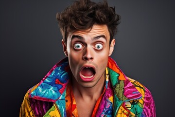A mans face frozen in a state of disbelief as he reacts with surprise and shock, portrait of young man in colorful clothes with big eyes and open mouth expressing the emotion, AI Generated - obrazy, fototapety, plakaty