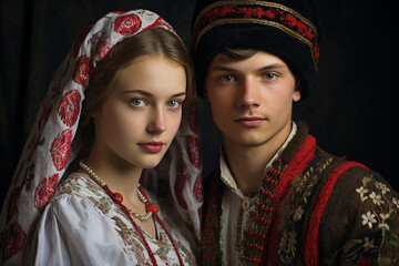 AI generated picture of a happy polish slavic couple celebrating wedding day in traditional clothes - obrazy, fototapety, plakaty