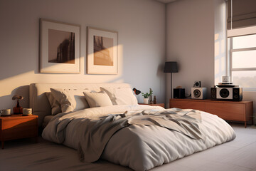 bedroom with a minimalist wall mounted audio system
