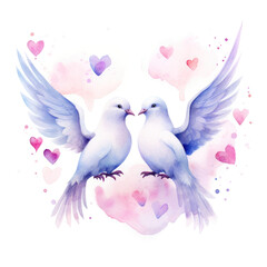 Two white watercolor doves in love