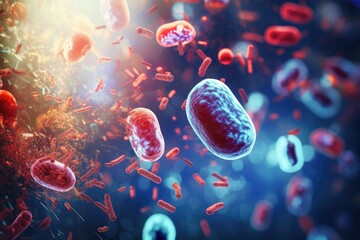 Group of Red and White Blood Cells in Human Body Circulatory System, Probiotics bacteria biology science microscopic medicine digestion stomach escherichia coli treatment health care, AI Generated - obrazy, fototapety, plakaty