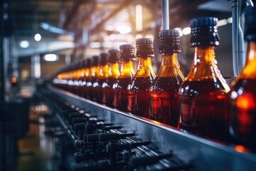 A continuous flow of bottles of beer on a conveyor belt showcasing the automated manufacturing process, Process of beverage manufacturing on a conveyor belt at a factory, AI Generated - obrazy, fototapety, plakaty