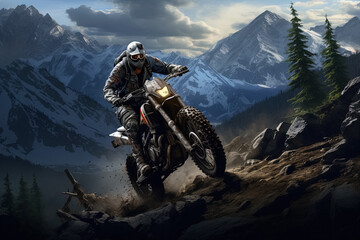Motocross rider on the rocks in the mountains. Generative Ai - obrazy, fototapety, plakaty