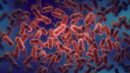 Drug resistant bacteria. Red pathogenic bacteria on dark background. Decreased immunity and bacterial superinfection is caused by antibiotic use. - 720405594