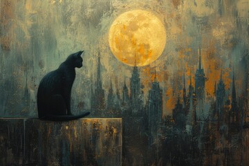 A black cat sitting in front of a cityscape in an artwork. Generative Ai.
