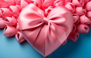 Pink heart made of texture paper with pink ribbon on a blue background