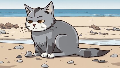 A cartoon cat sitting on a rocky beach
