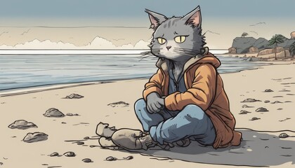 A cartoon cat sitting on a beach